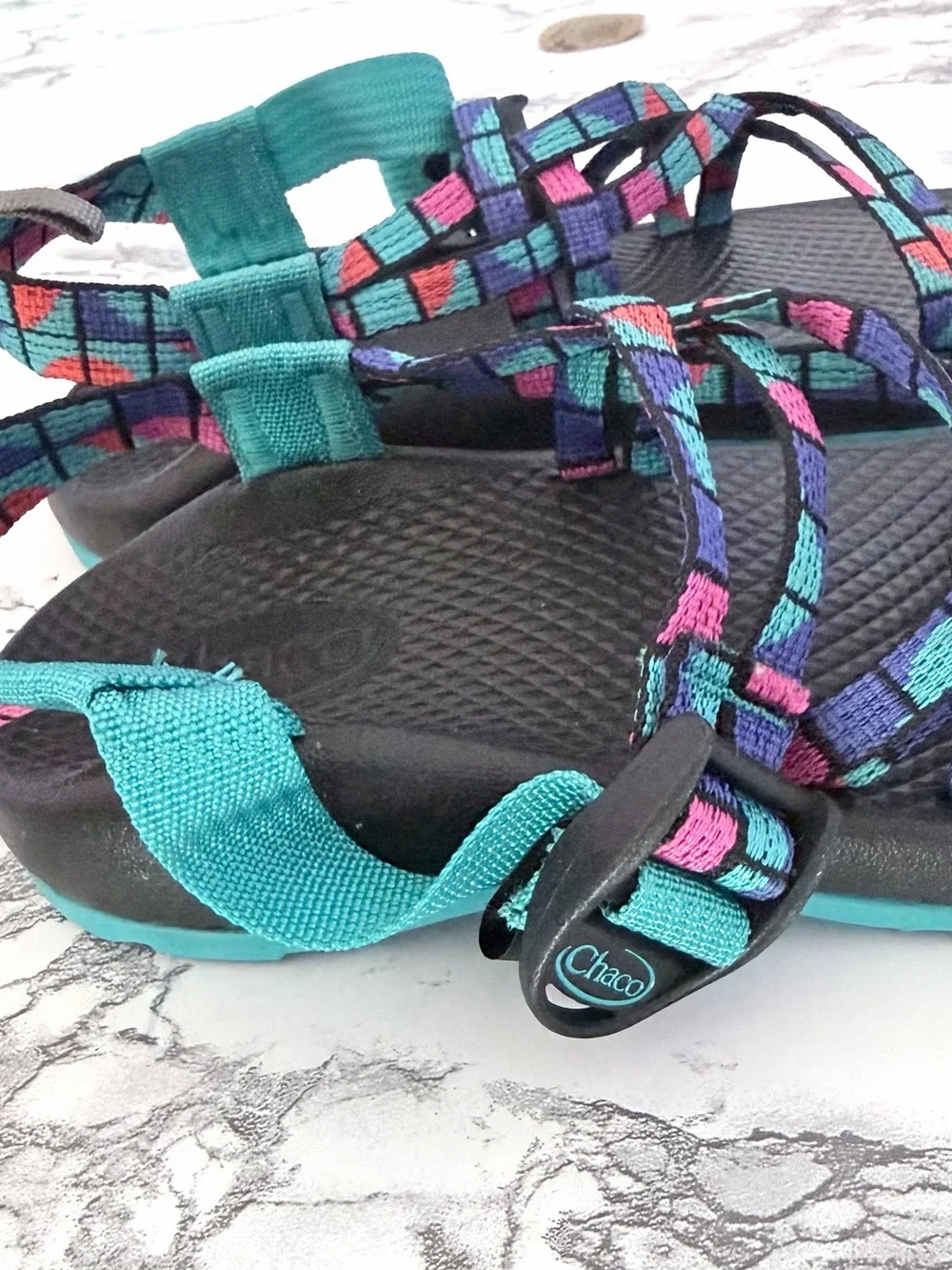 Chaco Kids Multicolor Patterned Webbing Teal Strap Sandals